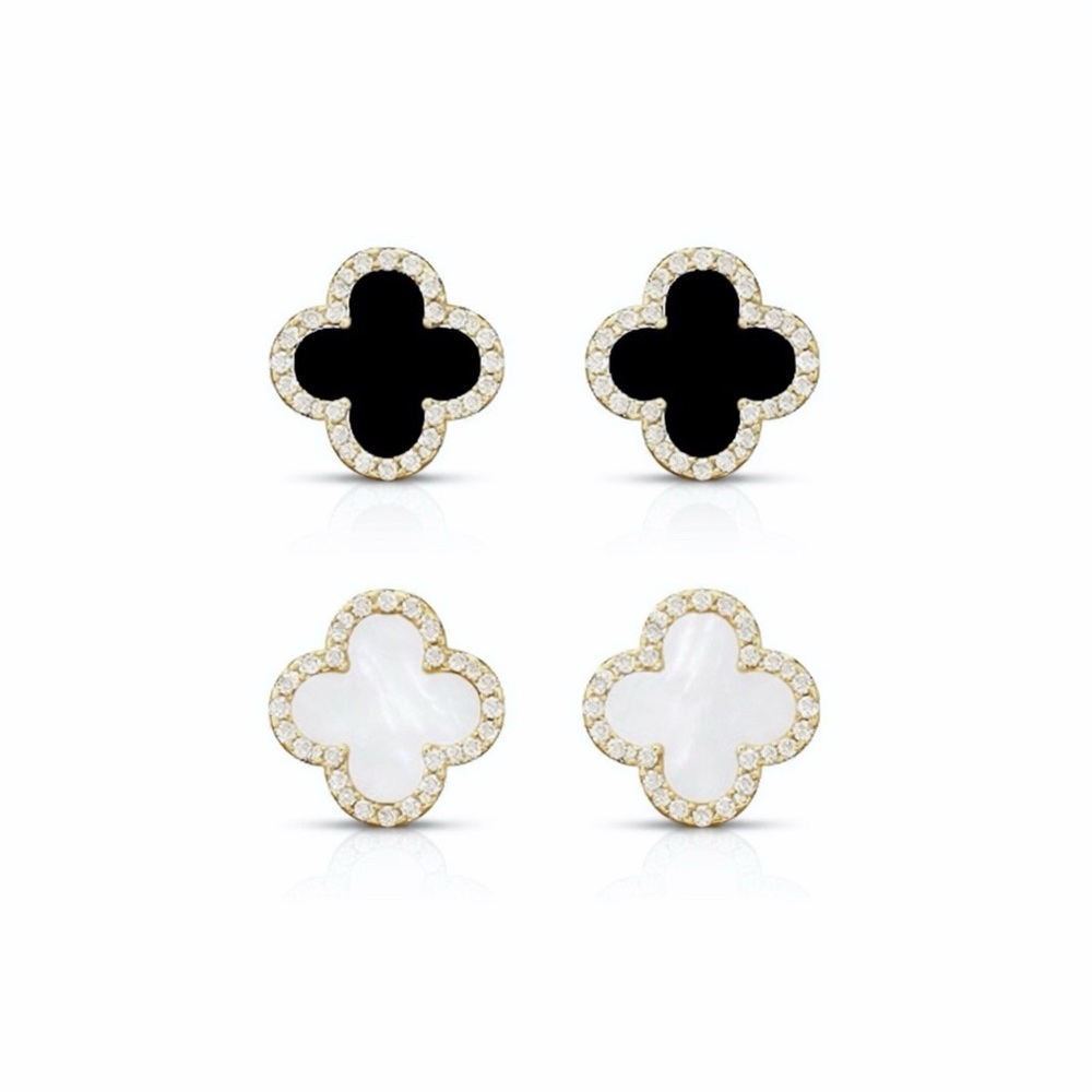 Jewelry Clover earrings Black and White with Shiny frame Set of 2 pairs NEW